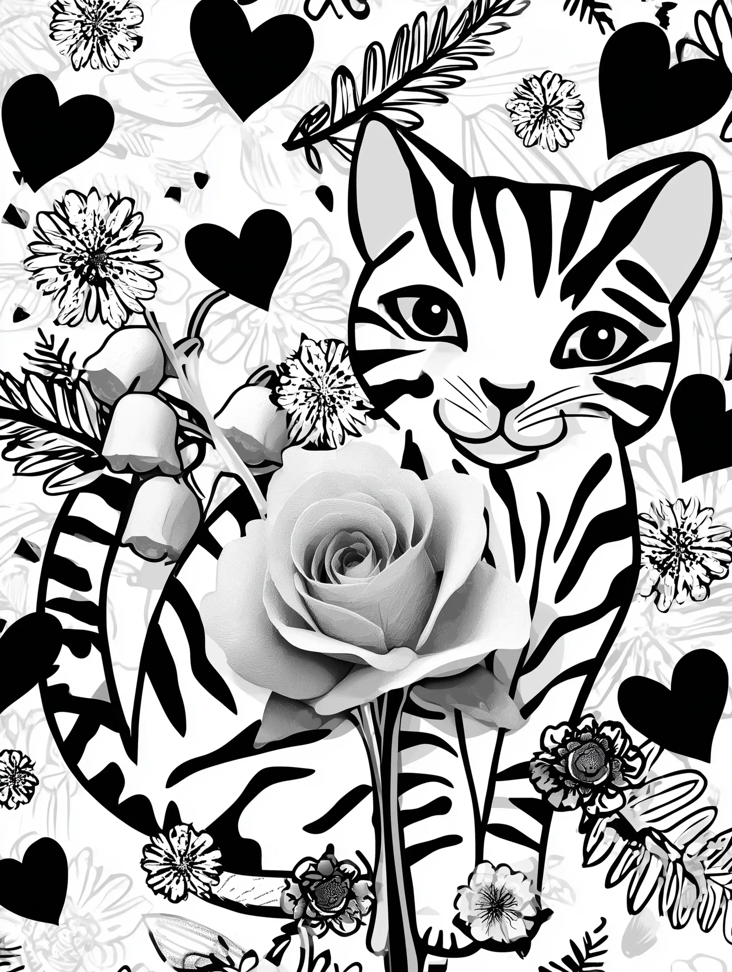 Free printable coloring pages floral featuring a cat behind a rose